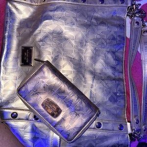 Michael Kors Jet Set Gold Mirror Metallic Signature Logo Tote Bag and Wallet